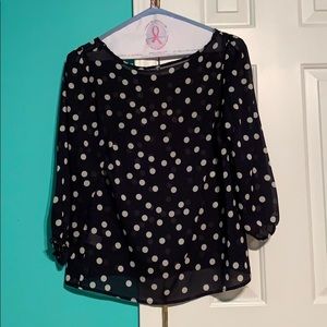 Francesca’s Navy Blue Polka Dot 3/4 Length Blouse